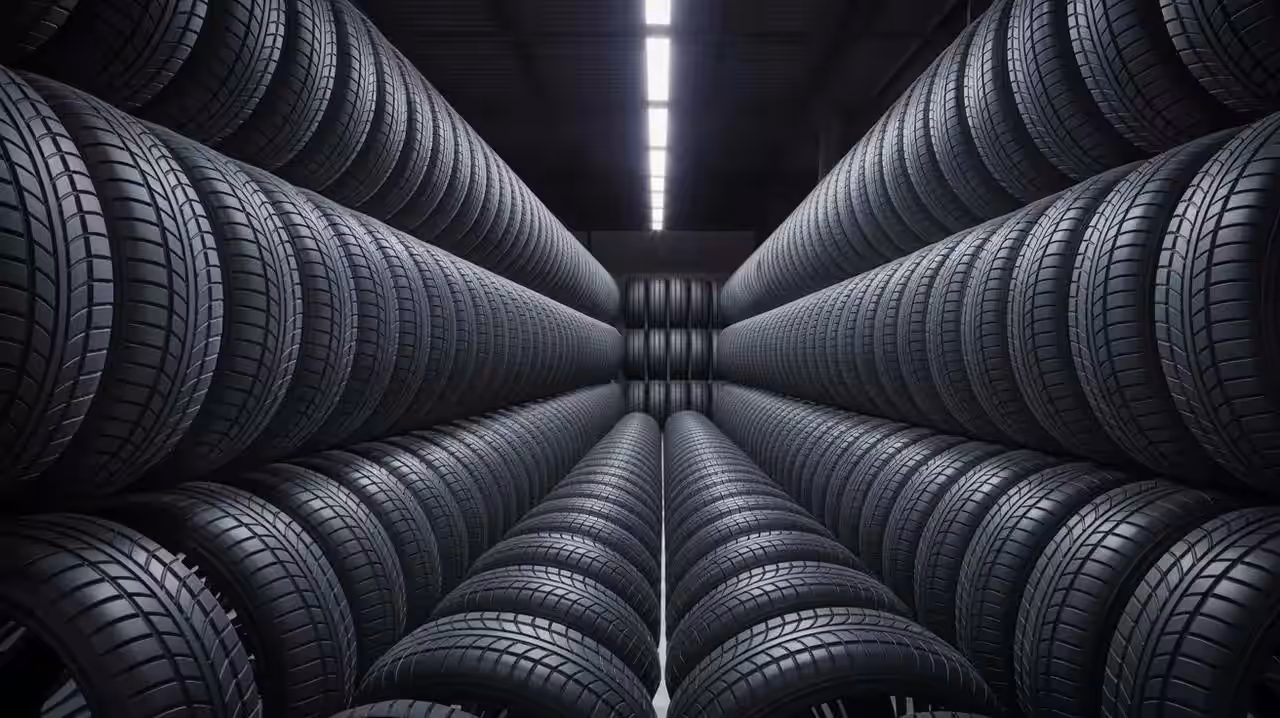 Tire display at Tire Point Automotive with over 7000 tires in stock