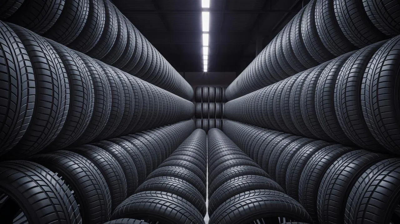 Tire display at Tire Point Automotive with over 7000 tires in stock
